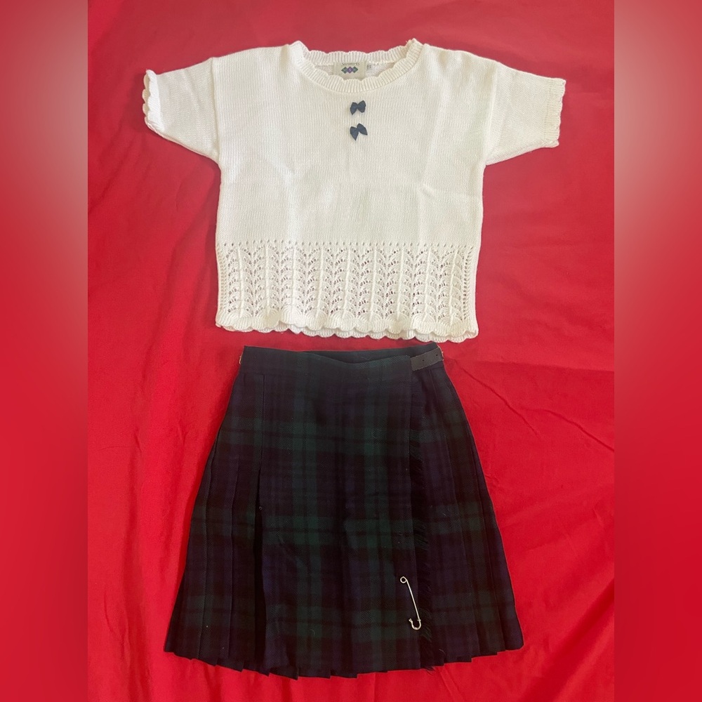 White Knit Top and Plaid Skirt Set